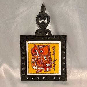 Mid-Century Orange Ceramic Owl Trivet Wall Art with Iron Frame